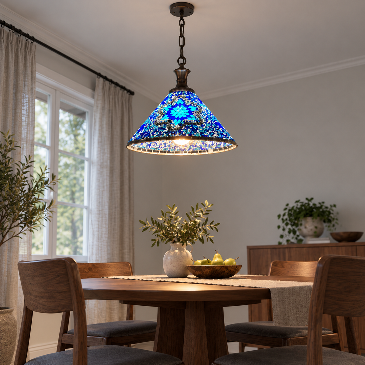 Blue geometric mosaic cone pendant — underside distant installed