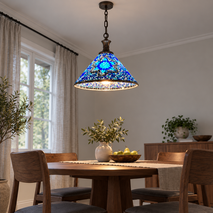 Blue geometric mosaic cone pendant — underside distant installed