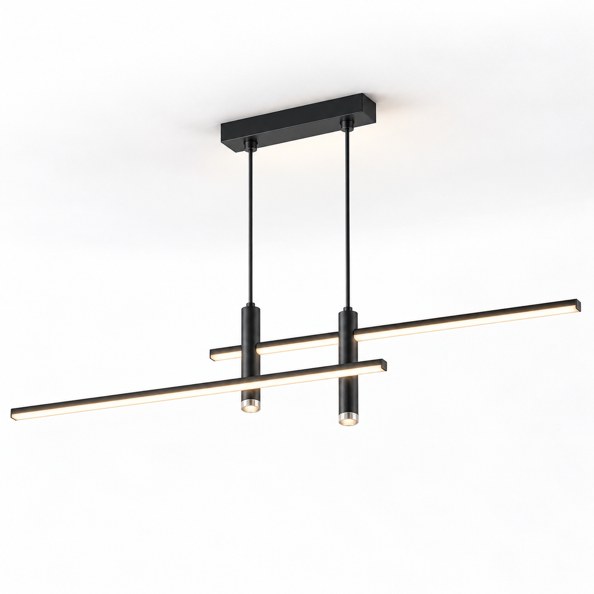 Black staggered bar pendant with twin spotlights, 120 cm, on white background