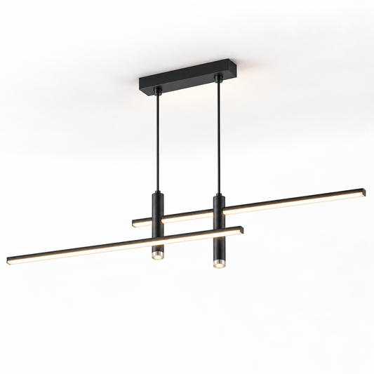 Black staggered bar pendant with twin spotlights, 120 cm, on white background