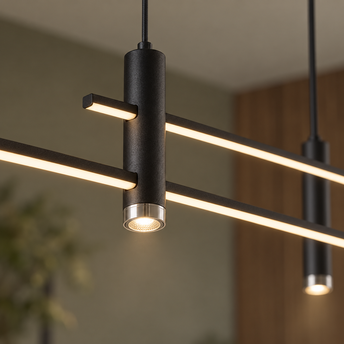 Black staggered pendant spotlight and LED bar junction detail