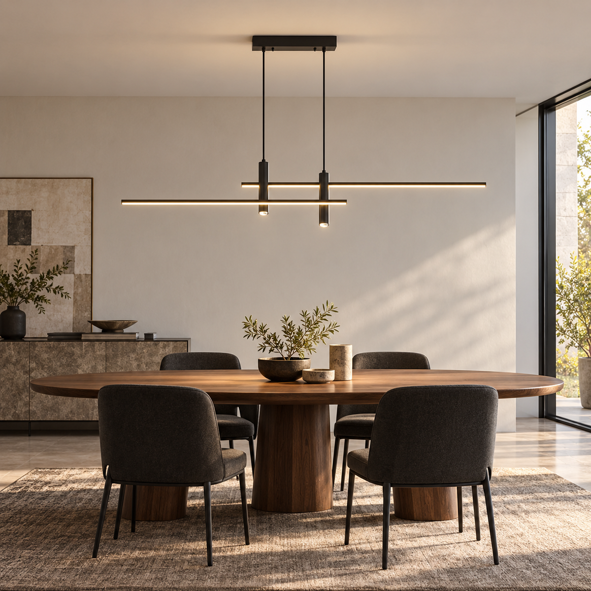 Black staggered bar pendant installed in a walnut dining room