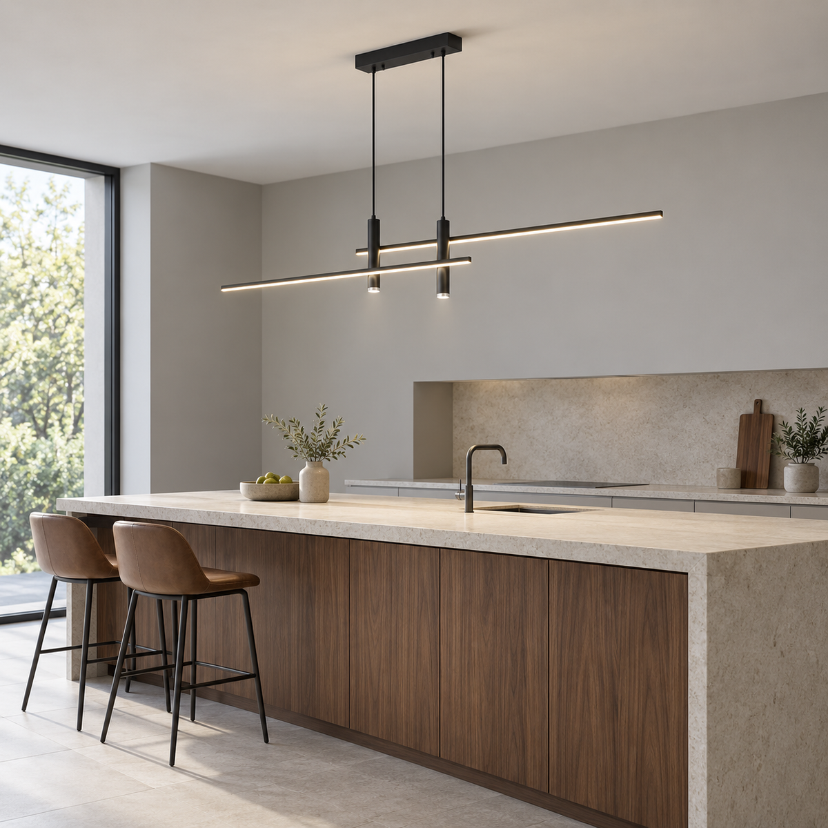 Black staggered bar pendant installed above a walnut kitchen island