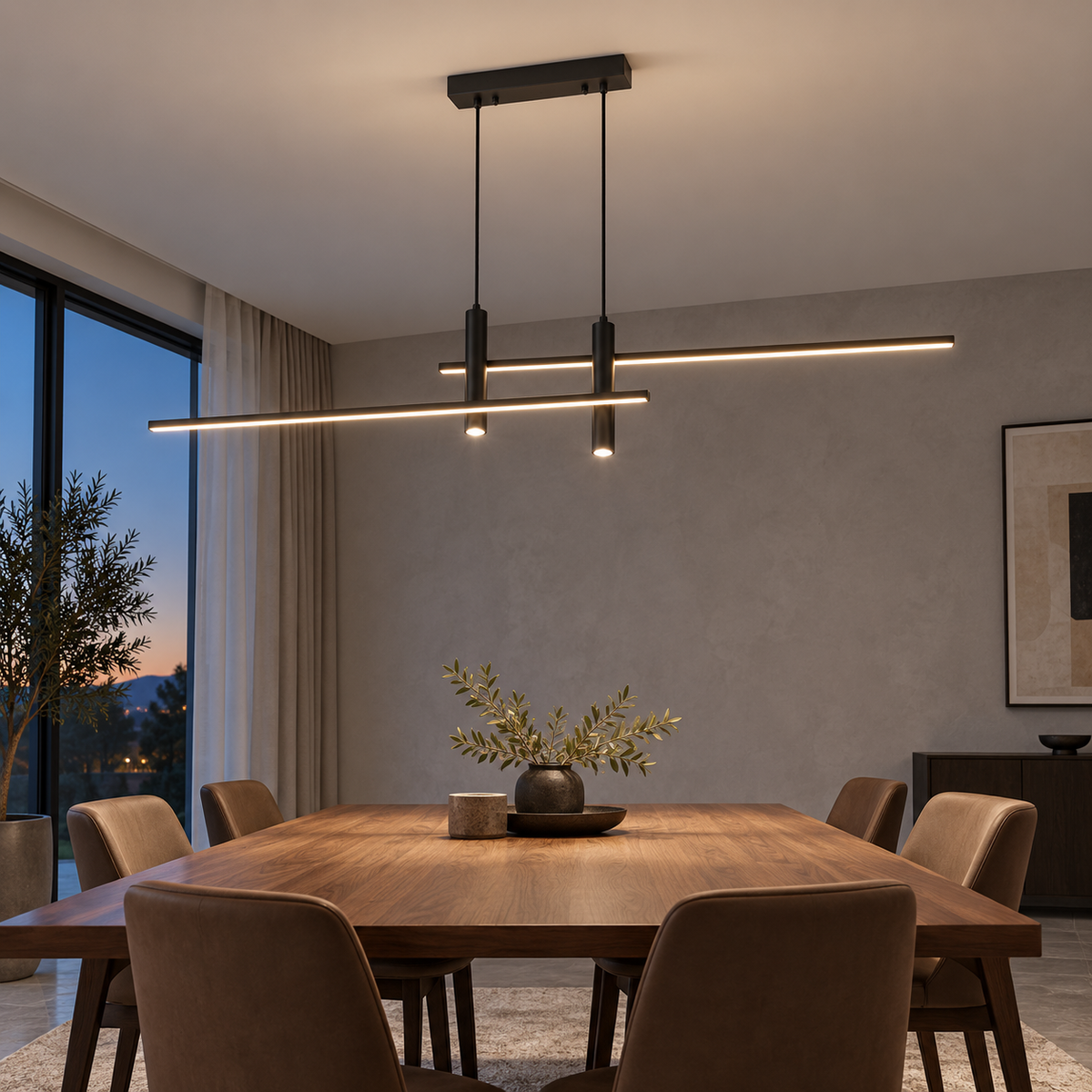 Black staggered bar pendant installed above a dining table, low view