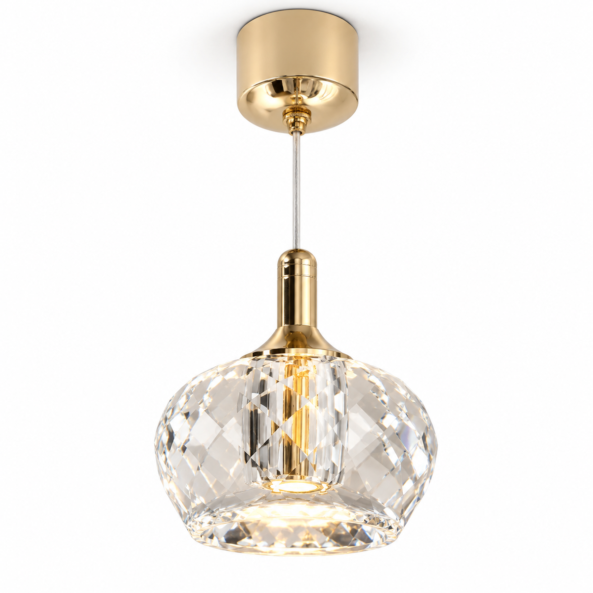 Clear faceted crystal pendant with gold fittings on white background