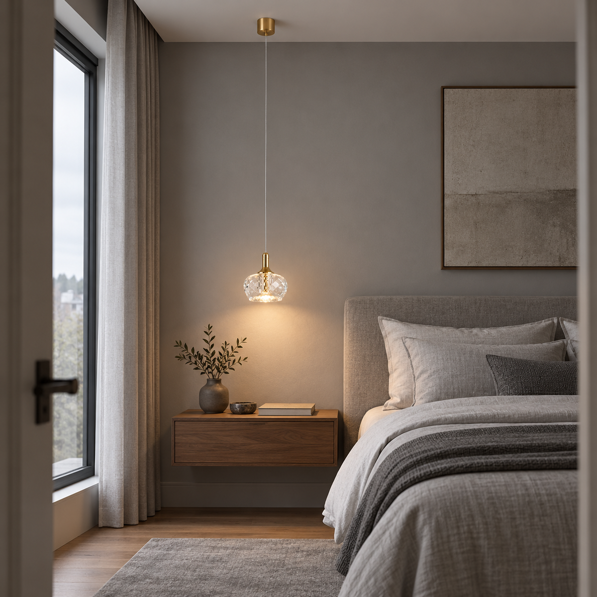 Clear crystal pendant installed beside a bed, front room view