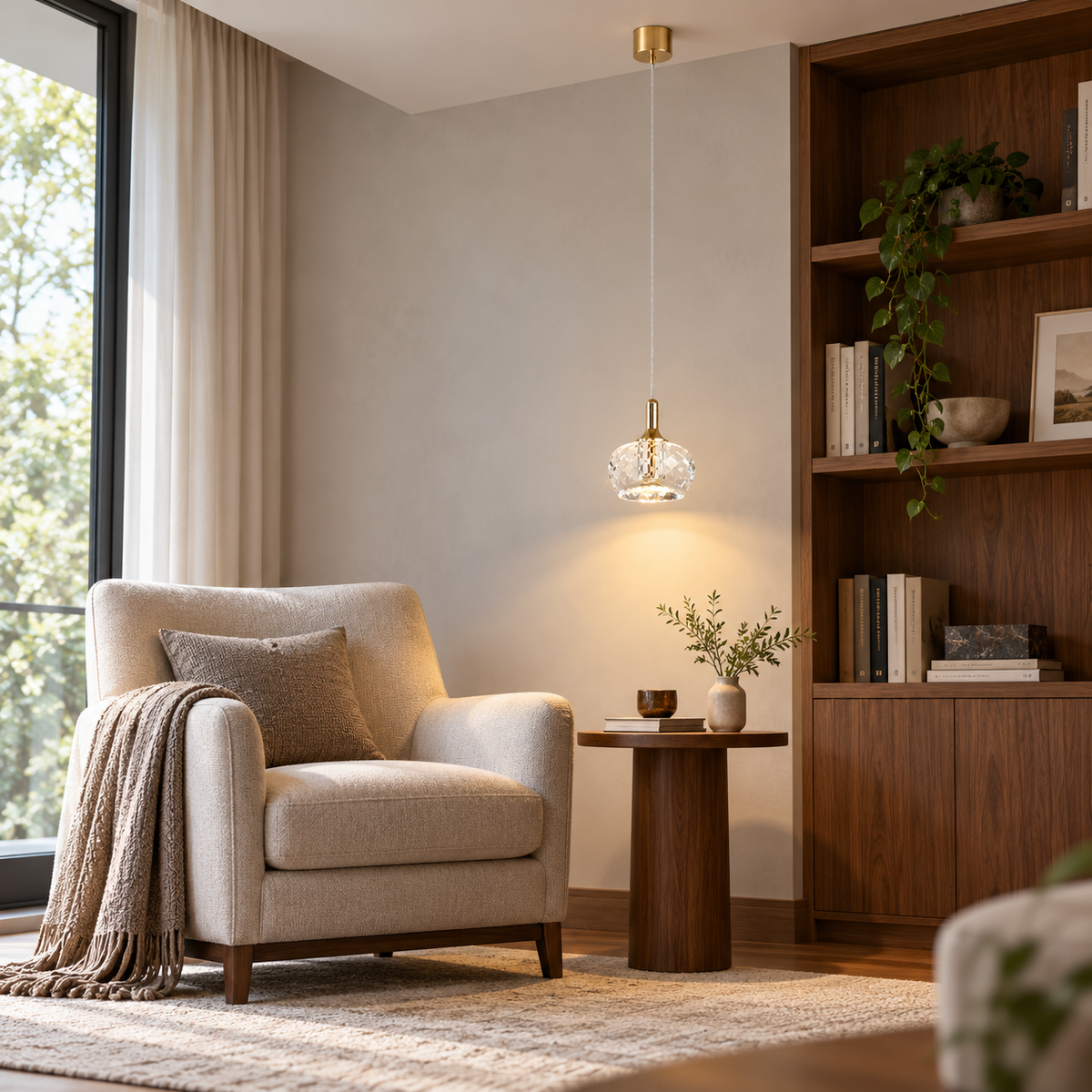 Clear crystal pendant installed beside a walnut reading nook