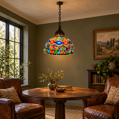 Multicolour mosaic glass dome pendant — front distant installed