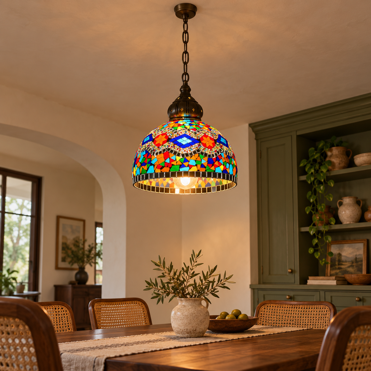 Multicolour mosaic glass dome pendant — underside distant installed