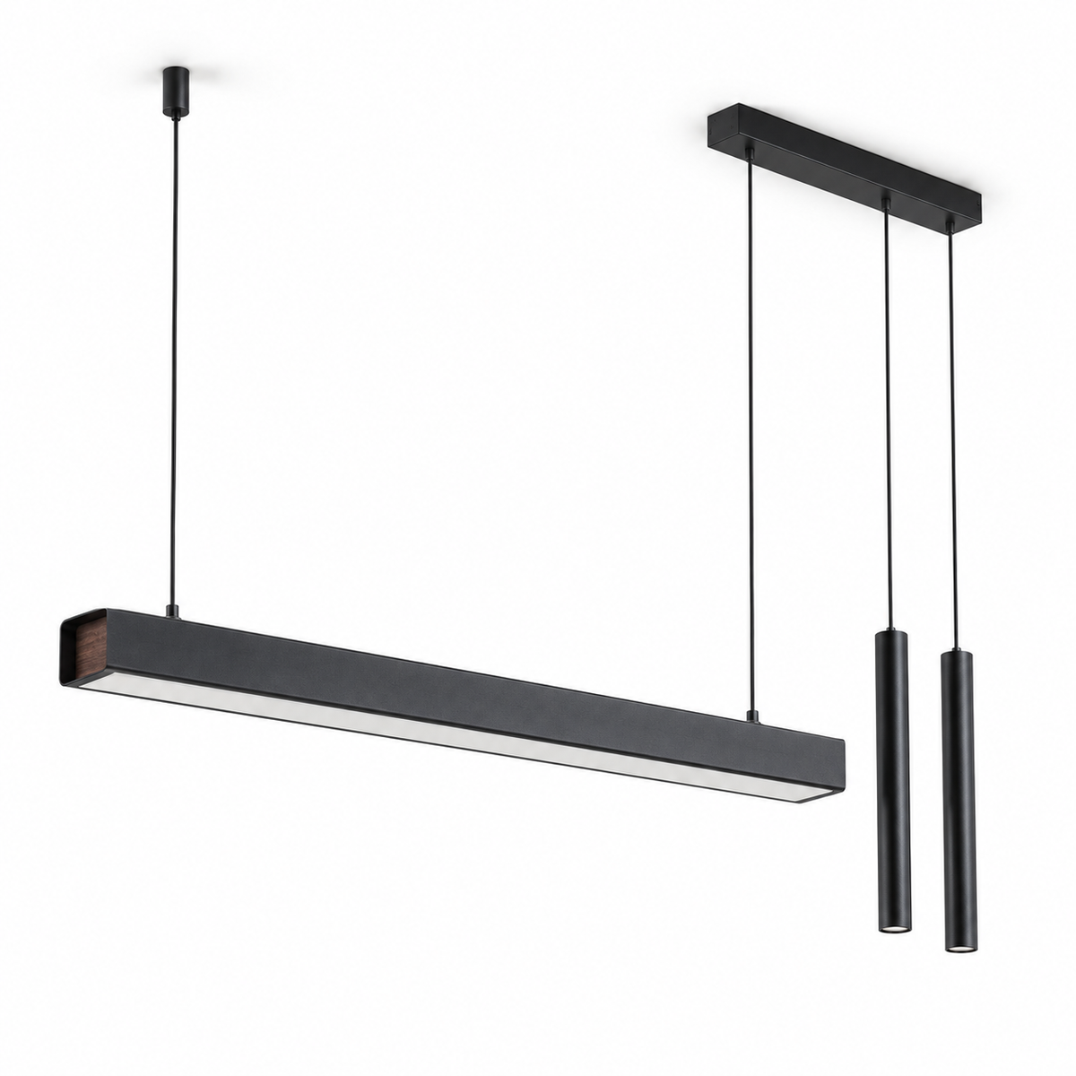 Black 107 cm asymmetric pendant with twin slim suspended spotlights, photographed on white with lights off