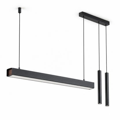 Black 107 cm asymmetric pendant with twin slim suspended spotlights, photographed on white with lights off