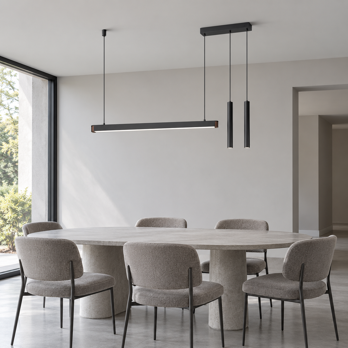 Black 107 cm asymmetric pendant with two slim spotlights installed above a gray dining table