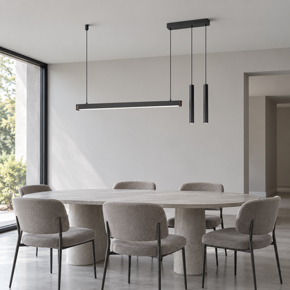 Black 107 cm asymmetric pendant with two slim spotlights installed above a gray dining table