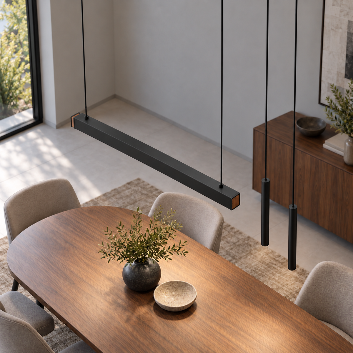 Black 107 cm pendant with two slender suspended spotlights and wood end inserts, seen from above