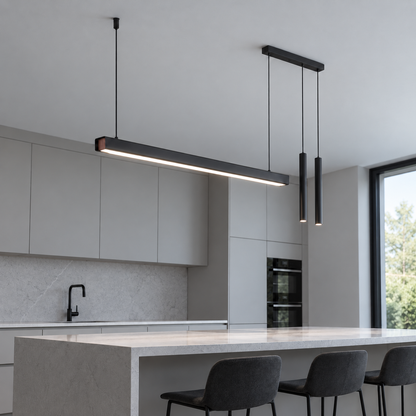 Black 107 cm twin-spotlight pendant seen from below in a neutral gray kitchen