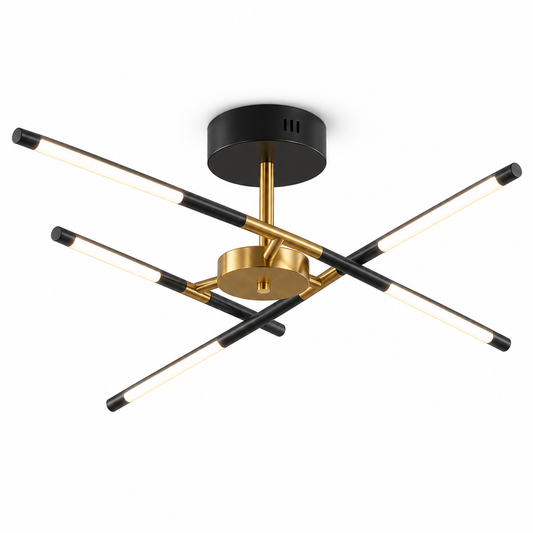 Sculptural crossed rod chandelier, black, ceiling mounting, 6 lights, on white