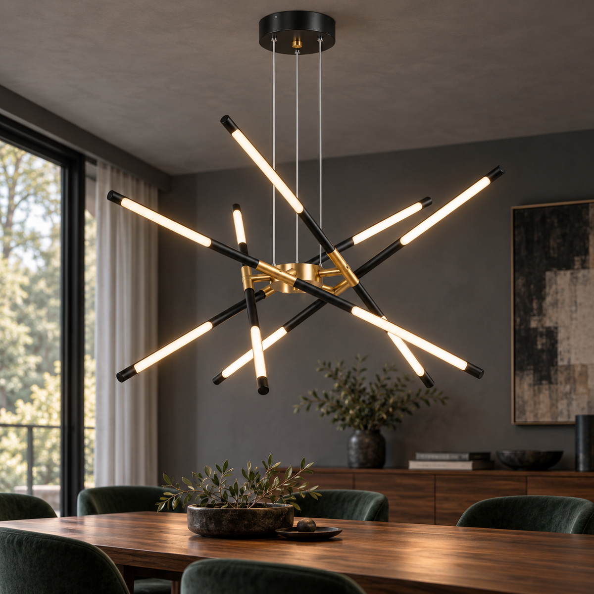Black suspended crossed rod chandelier with 10 lights installed in a graphite dining area