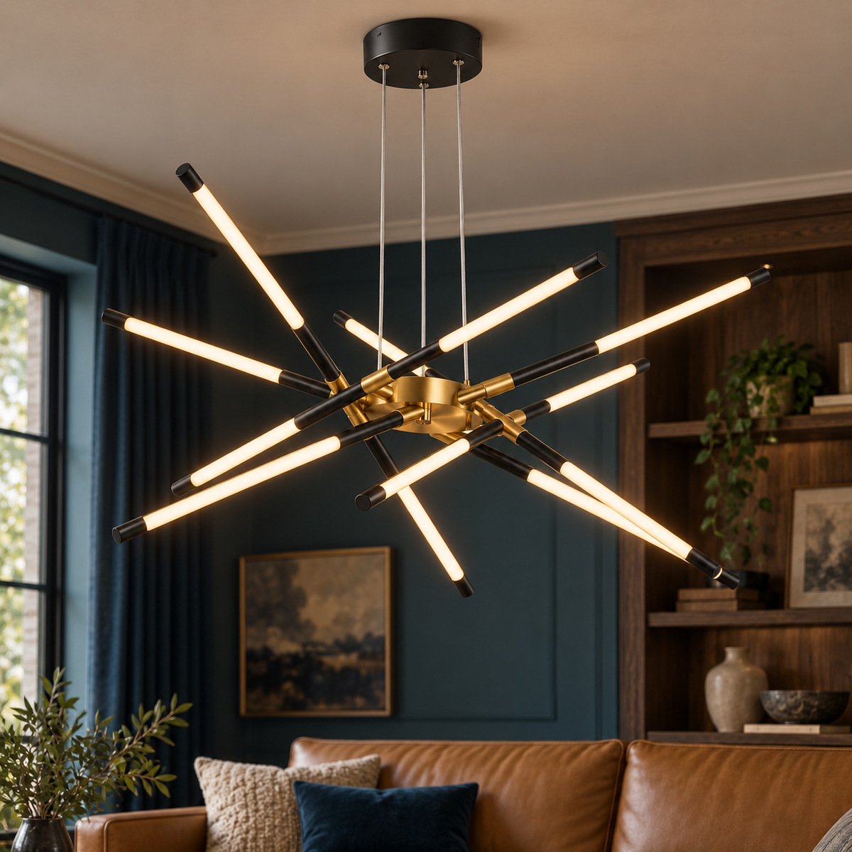 Black suspended crossed rod chandelier with 12 lights installed in a petrol blue lounge