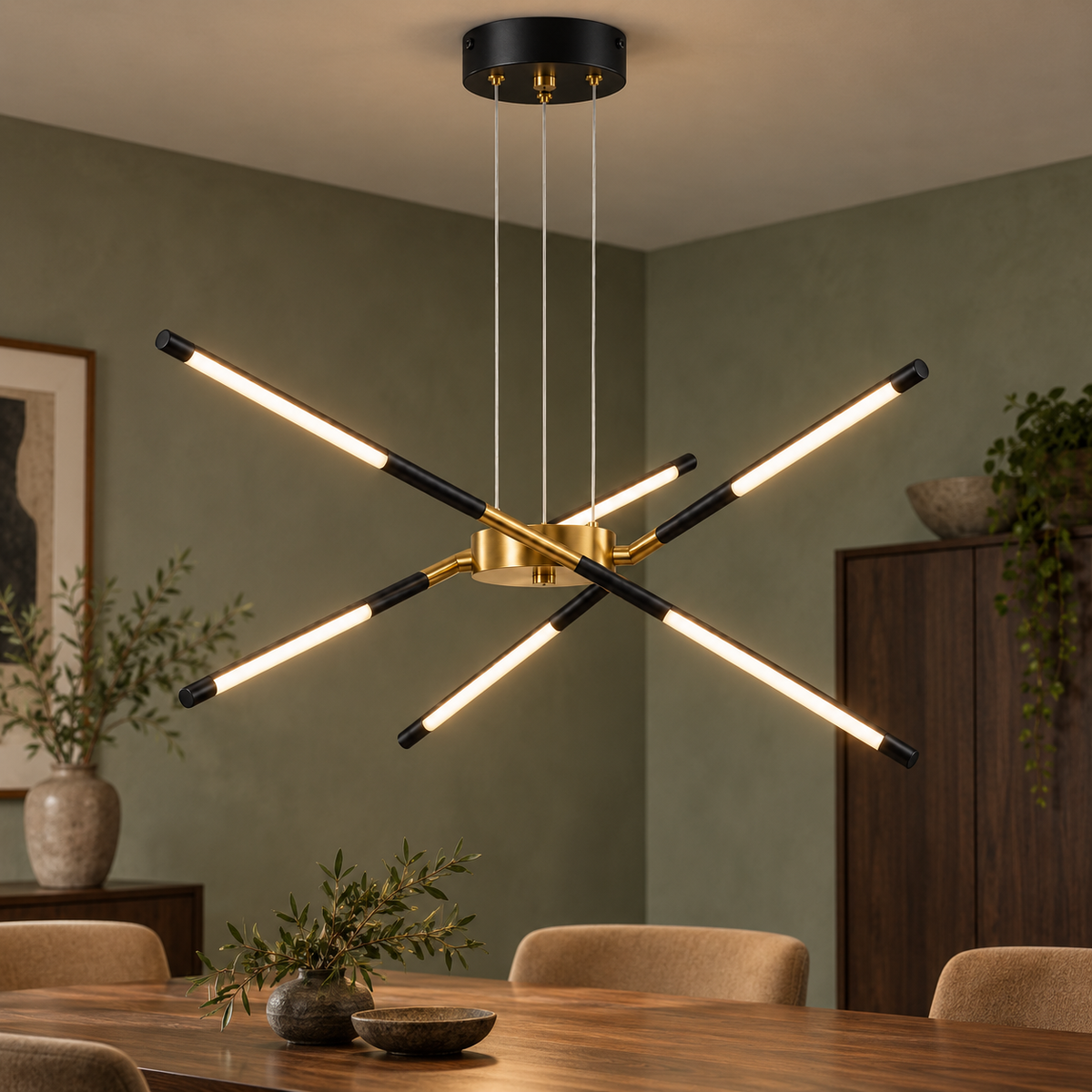 Black suspended crossed rod chandelier with 6 lights installed in a sage dining room