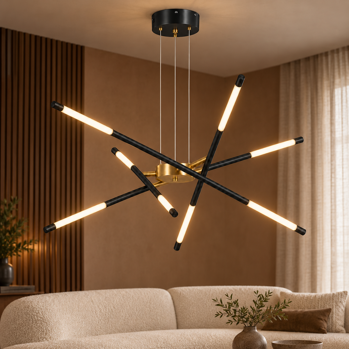 Black suspended crossed rod chandelier with 8 lights installed in a clay living room