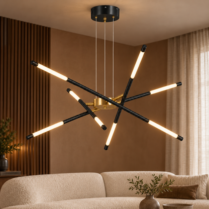 Black suspended crossed rod chandelier with 8 lights installed in a clay living room