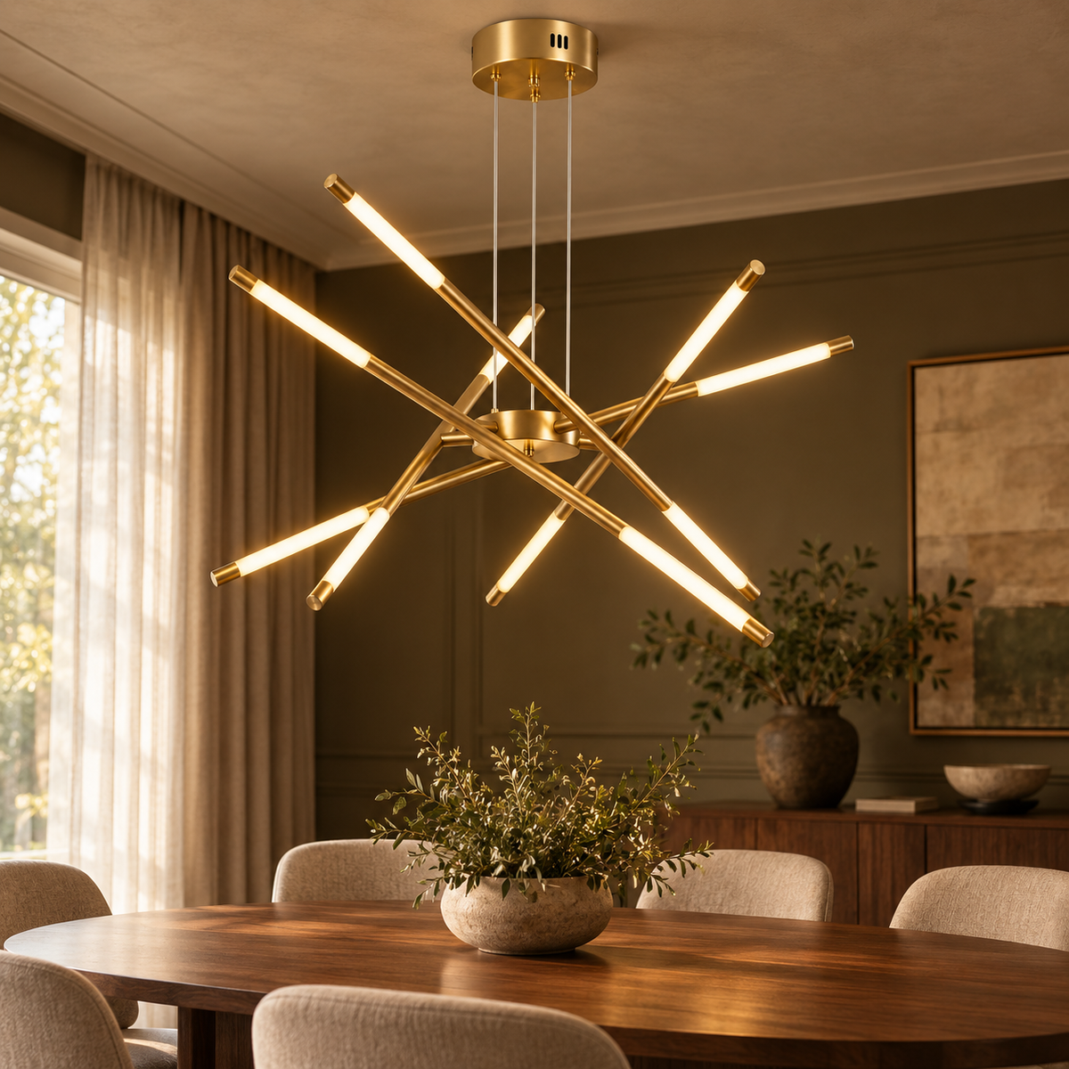 Gold suspended crossed rod chandelier with 10 lights installed in a sage dining room