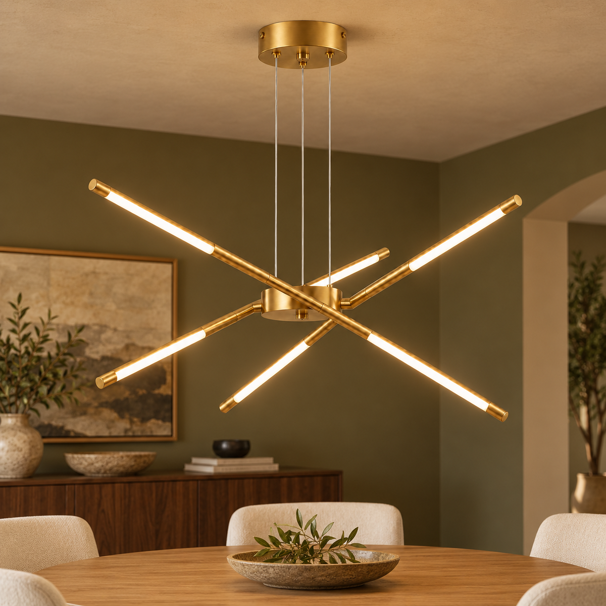 Gold suspended crossed rod chandelier with 6 lights installed in a olive dining alcove