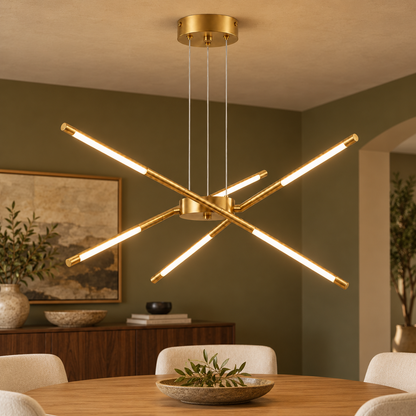 Gold suspended crossed rod chandelier with 6 lights installed in a olive dining alcove