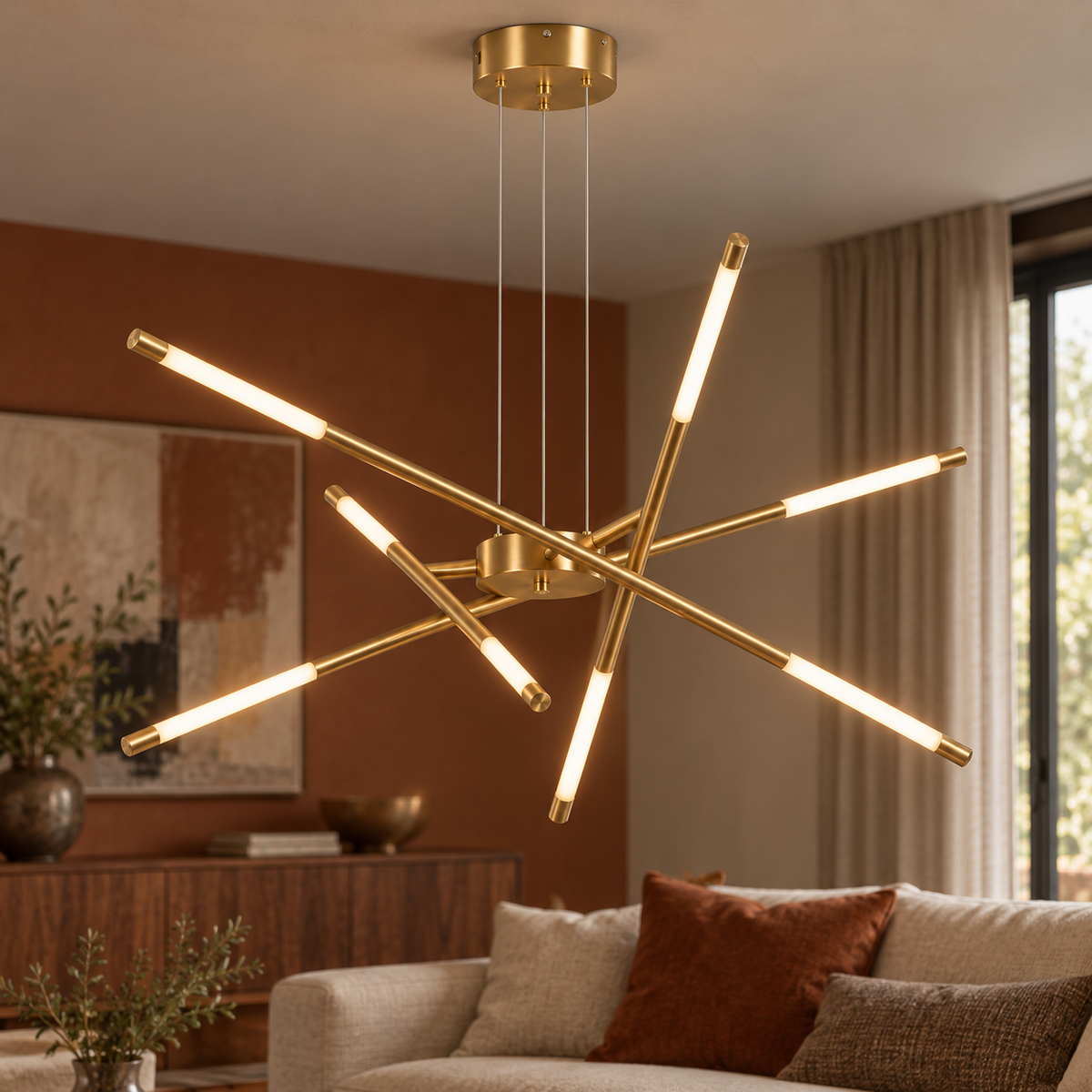 Gold suspended crossed rod chandelier with 8 lights installed in a rust and taupe living room