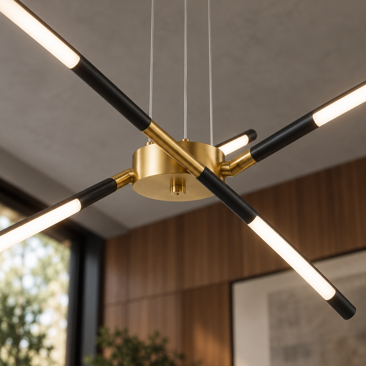 Sculptural crossed rod chandelier, detail closeup