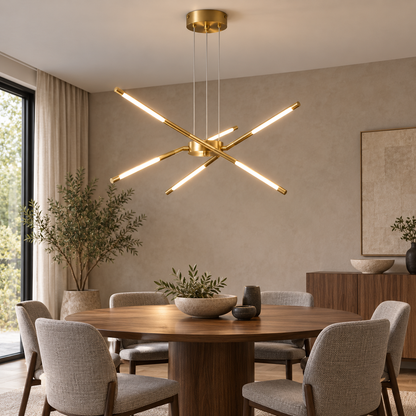 Sculptural crossed rod chandelier, front side far