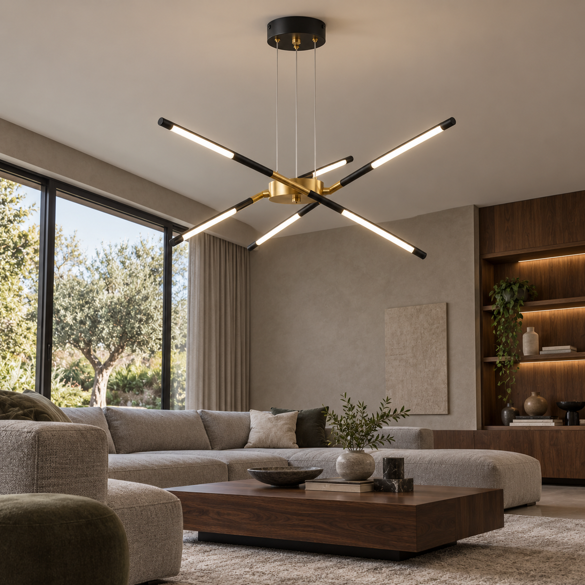 Sculptural crossed rod chandelier, side far