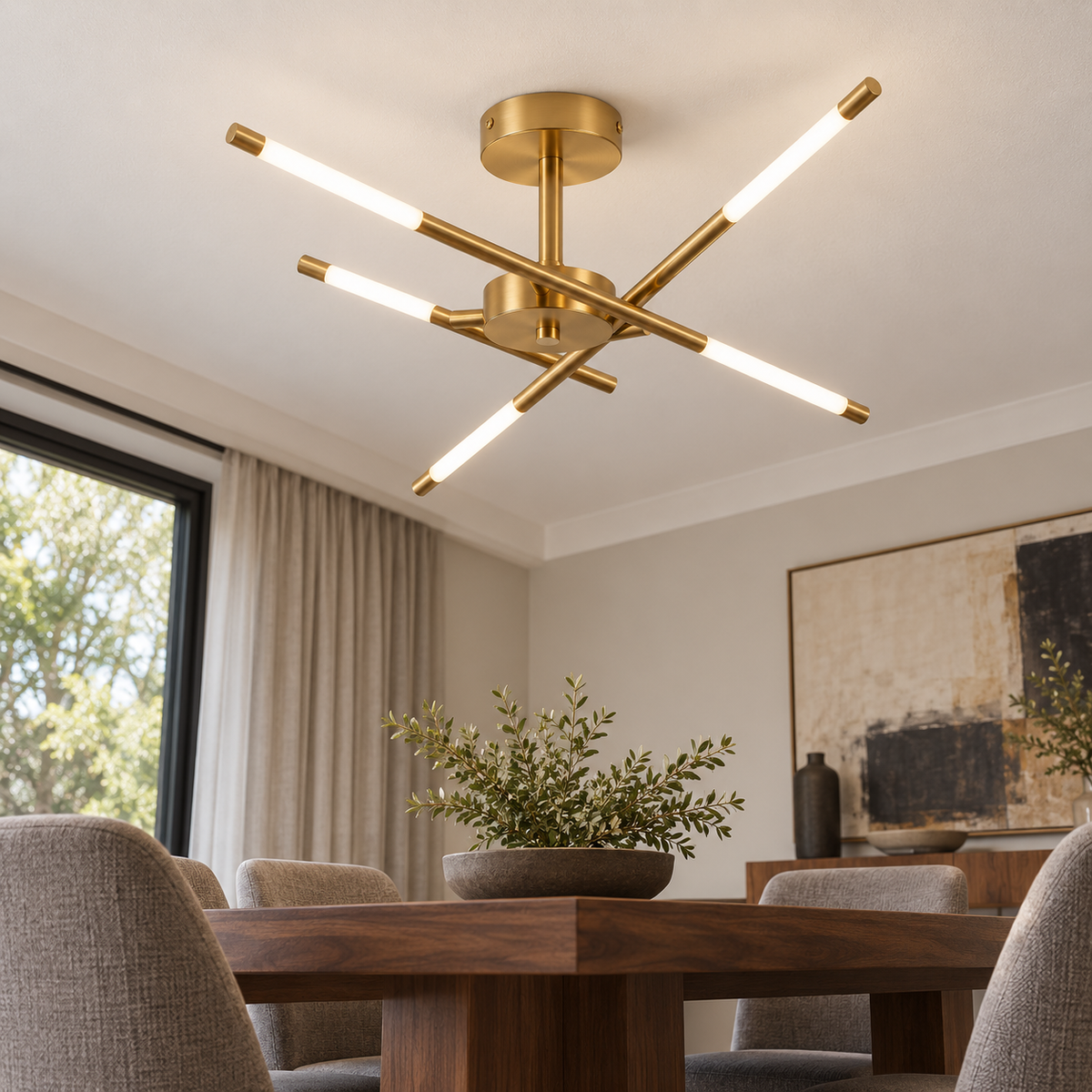 Sculptural crossed rod chandelier, underside far