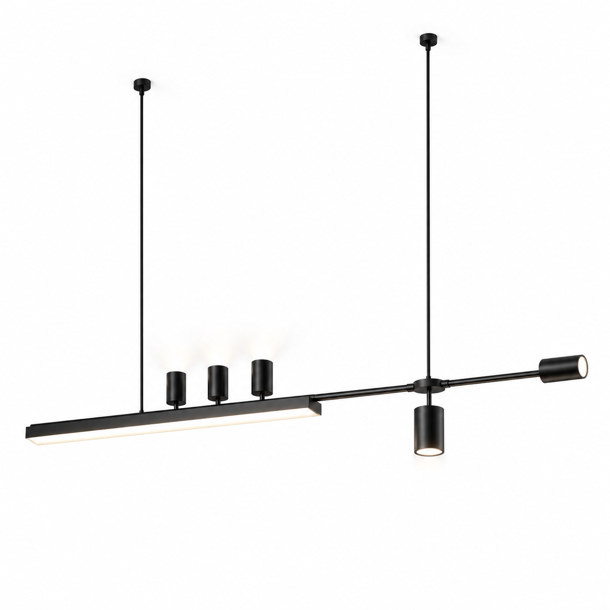 Offset island pendant with five directional spotlights, black, 120cm length on white