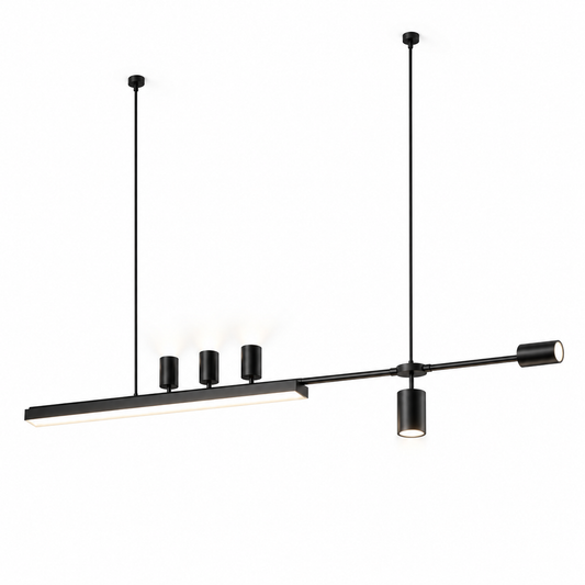 Offset island pendant with five directional spotlights, black, 120cm length on white
