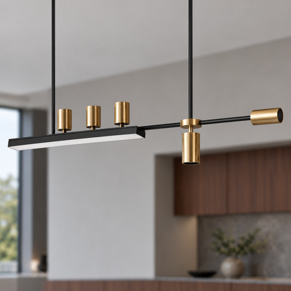 Black and gold offset island pendant with five directional spotlights, detail closeup