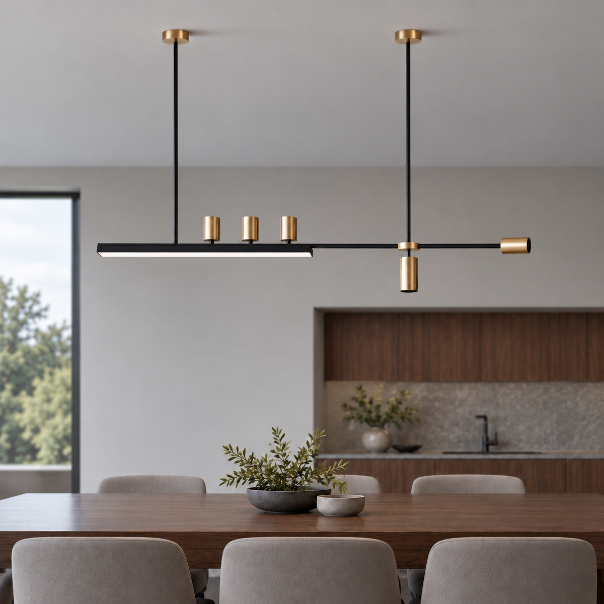Black and gold offset island pendant with five directional spotlights, front room view