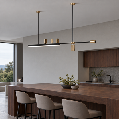Black and gold offset island pendant with five directional spotlights, side far