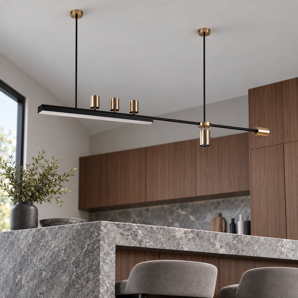 Black and gold offset island pendant with five directional spotlights, underside far