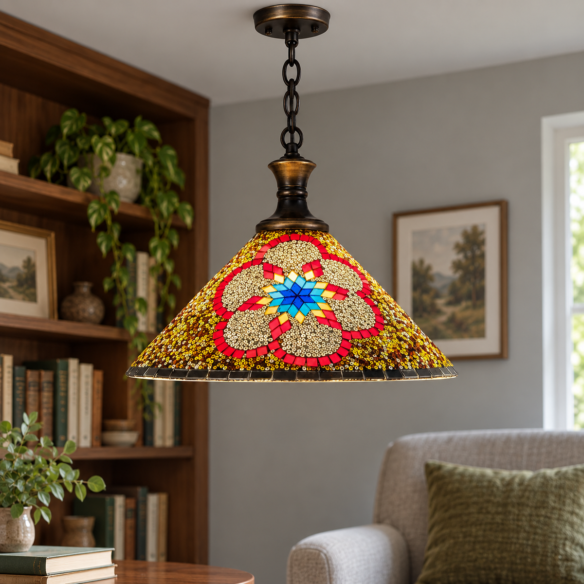 Style B geometric mosaic glass cone pendant installed in a neutral reading nook