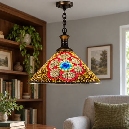 Style B geometric mosaic glass cone pendant installed in a neutral reading nook