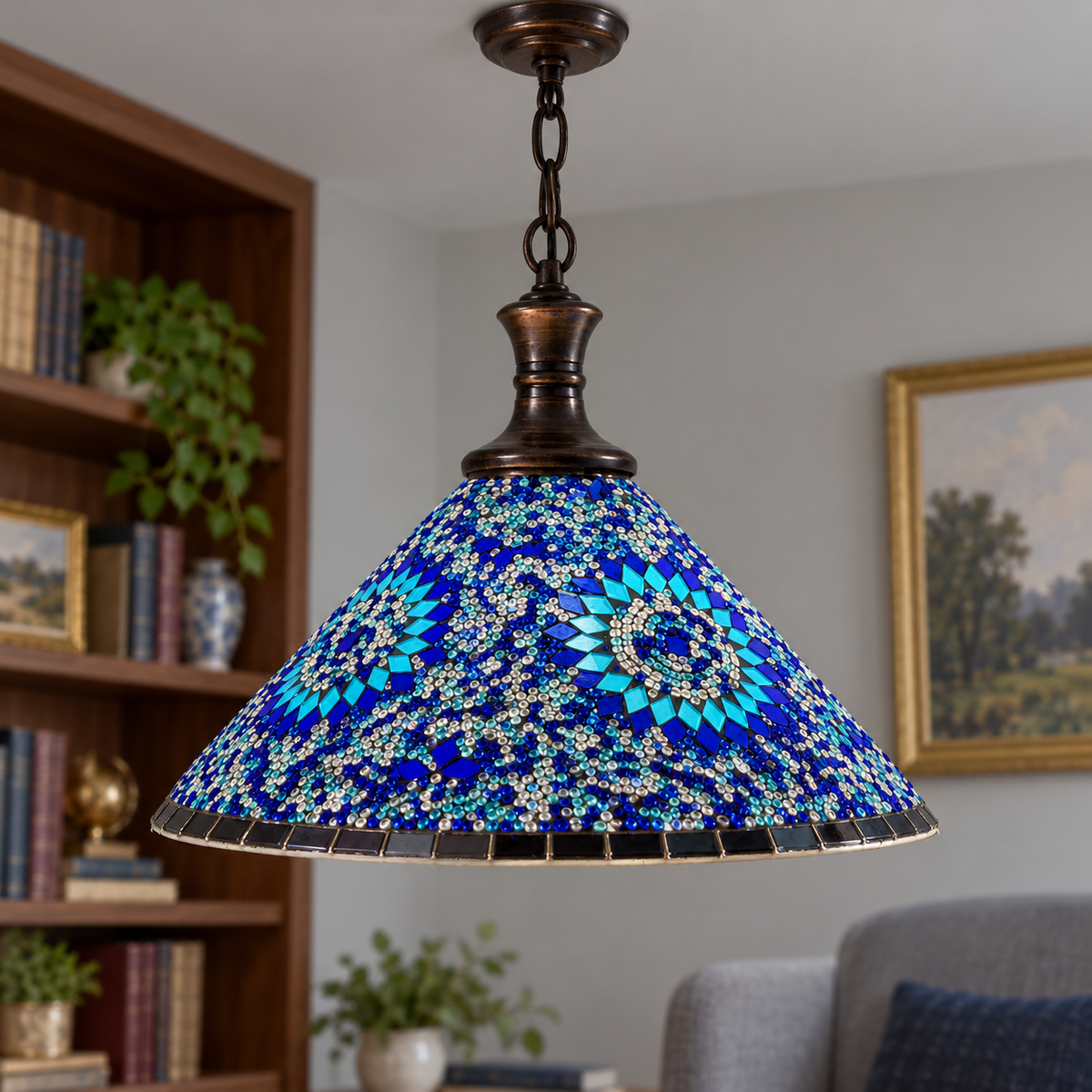 Style D geometric mosaic glass cone pendant installed in a neutral study