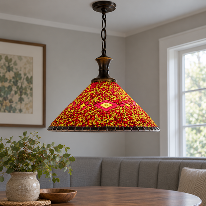 Style G geometric mosaic glass cone pendant installed in a neutral dining nook