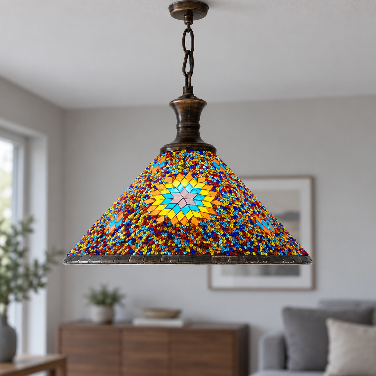 Style H geometric mosaic glass cone pendant installed in a neutral lounge