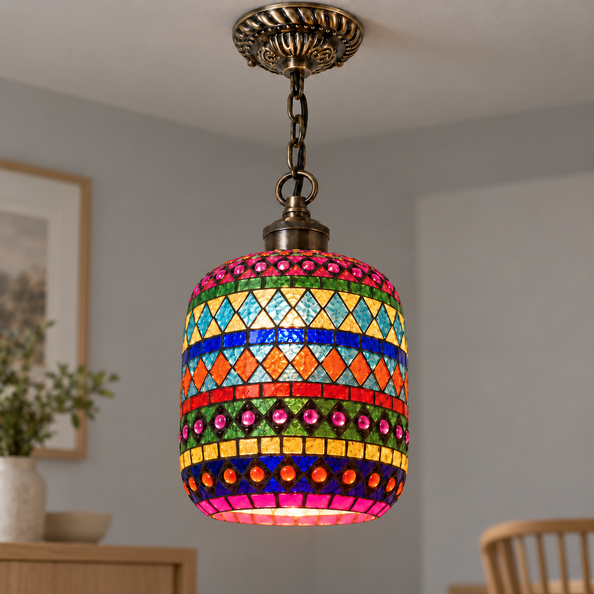 Style B beaded mosaic glass pendant installed in a neutral reading room