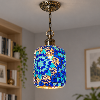 Style C blue and cyan beaded mosaic pendant in a neutral library alcove
