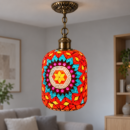 Style D red and turquoise mosaic pendant in a neutral living room