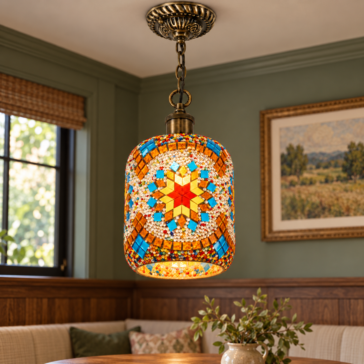 Style E beaded mosaic glass pendant installed in a sage breakfast nook