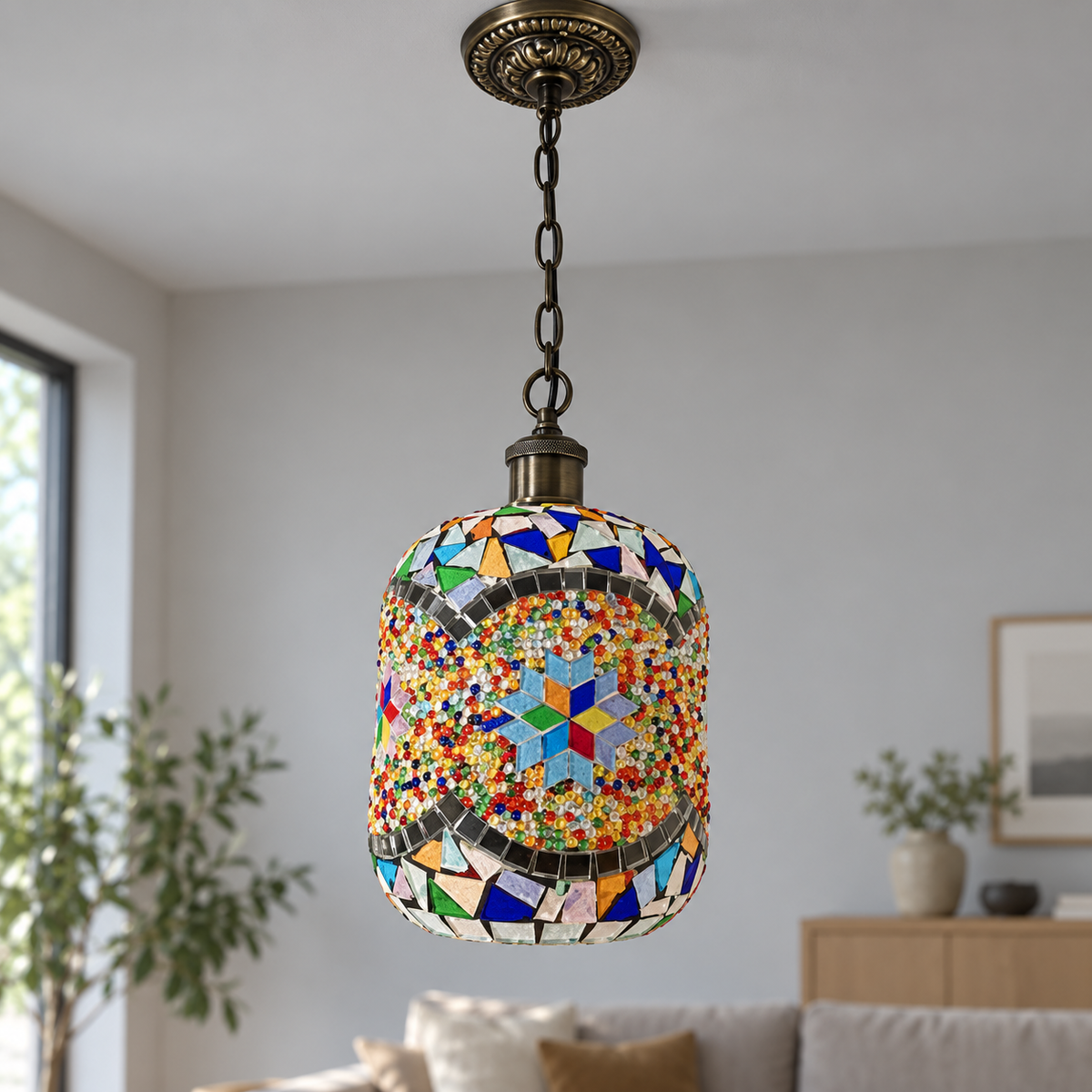 Style F multicolour glass mosaic pendant photographed in daylight