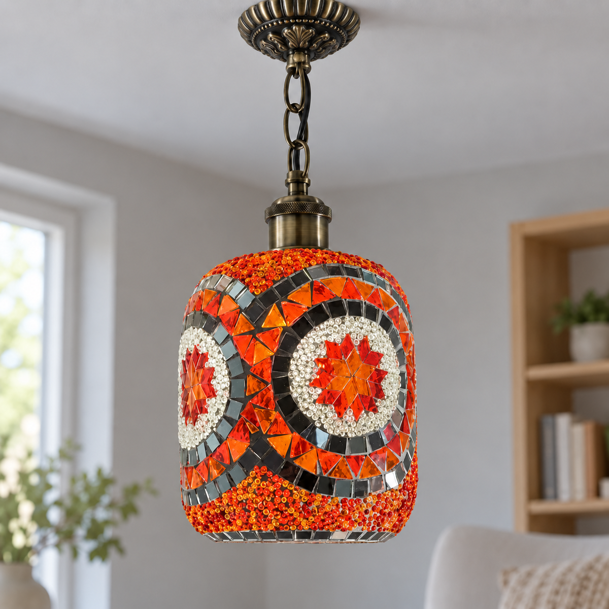 Style G orange mosaic pendant photographed in a neutral room in daylight